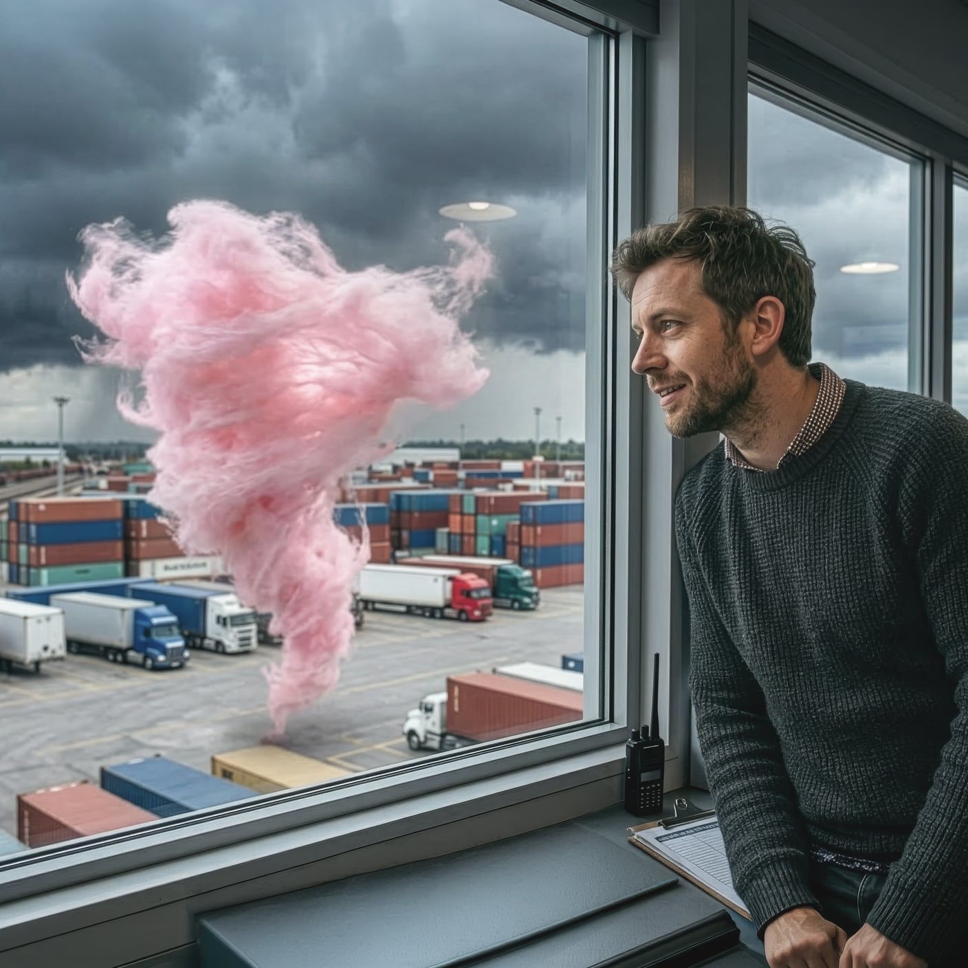 A person in office with tornado on the outside.