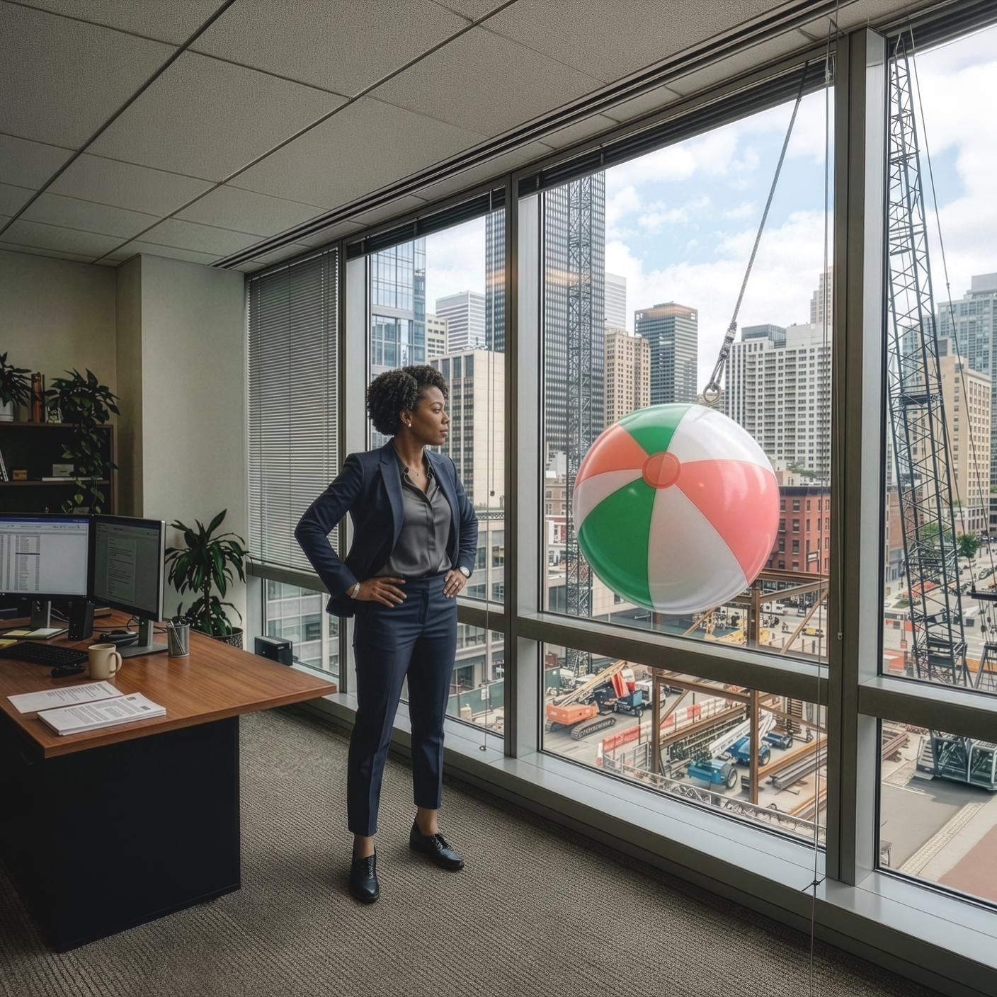 Person in office with wrecking ball of beachball